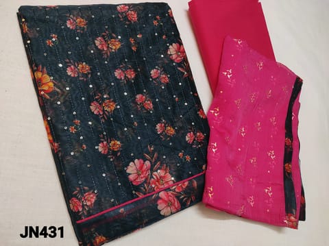 CODE JN431 :NavyBlue digital printed silk cotton unstitched dress material(lining needed)thread and sequence work on front side,dark pink cotton bottom,embossed foil prints on chiffon dupatta with tapings