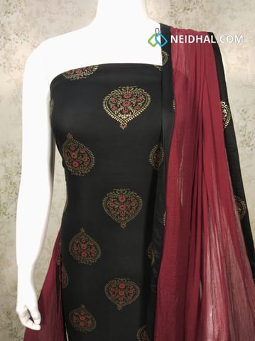 CODE : 16 Printed Black Rayon unstitched salwar material with golden prints, maroon Cotton bottom, maroon chiffon dupatta with taping