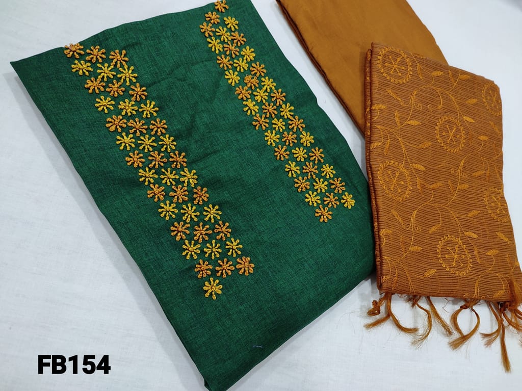 CODE FB154 : Dark Green Fancy Silk Cotton unstitched Salwar material(Slightly Course fabric, requires lining) with embroidery work on yoke,  Honey Brown Silk Cotton Bottom, Fancy Kota Silk Cotton Dupatta with all ovr embroidery(Requires Taping)