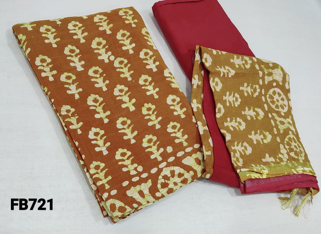 CODE FB721:Light Brown Batik Dyed Linen Cotton unstitched salwar material(soft fabric lining required), Dark Pink Cotton bottom, batiq dyed dual shaded linen cotton dupatta with tassels