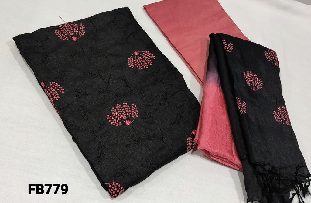 CODE FB779 : Black Fancy Silk Cotton unstitched Salwar material(slightly course requires lining ) with embroidery  work on front side, pink silk cotton bottom.fancy soft dual shaded embroidered silk cotton dupatta with tassels