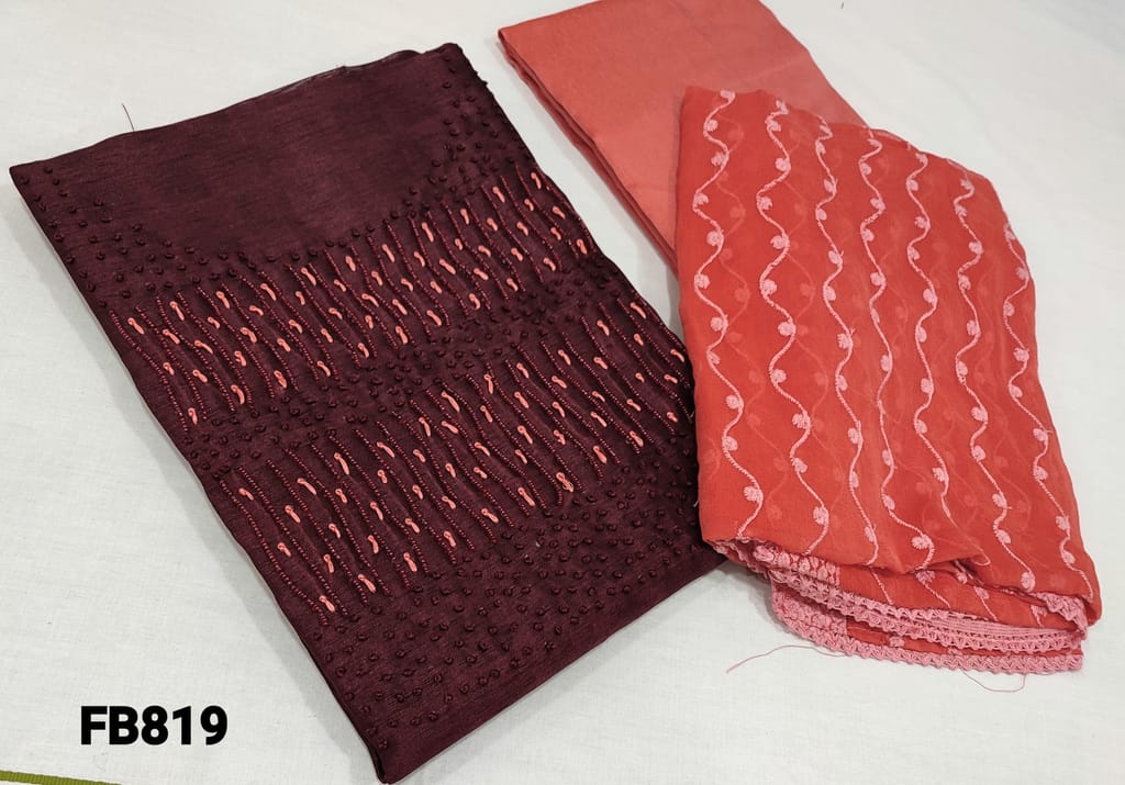CODE FB819 :Dark Maroon Fancy Jakard Silk Cotton unstitched salwar material(course fabric Requires lining)  bead and french knot work on yoke, Peachish Pink silk cotton bottom, chiffon dupatta with embroidery and sequence work