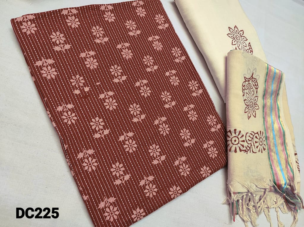 CODE DC225 : Maroon Premium Cotton unstitched Salwar material(lining optional) with block prints and Kantha stitch work on front and back side, Block printed thin Cream cotton bottom, Block printed Cream mul cotton dupatta with Resham border(Taping needs to be stitched)