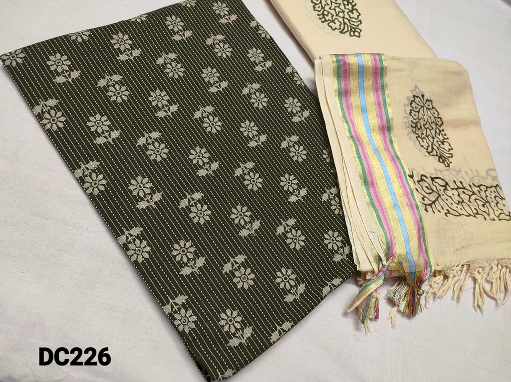 CODE DC226 : Green Premium Cotton unstitched Salwar material(lining optional) with block prints and Kantha stitch work on front and back side, Block printed thin Cream cotton bottom, Block printed Cream mul cotton dupatta with Resham border(Taping needs to be stitched)