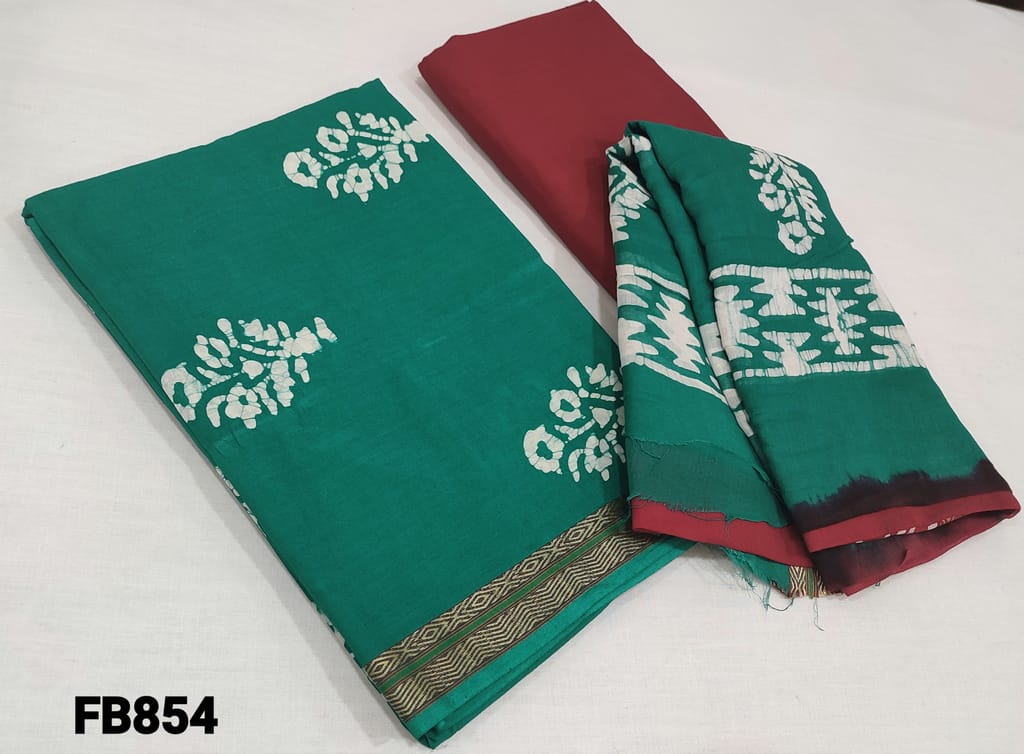 CODE FB854 : Turquoise Green Soft Cotton unstitched salwar material with batik dyed(lining optional)thread woven daman, reddish maroon cotton bottom, batik dyed dual shaded mul cotton dupatta (tapings required)