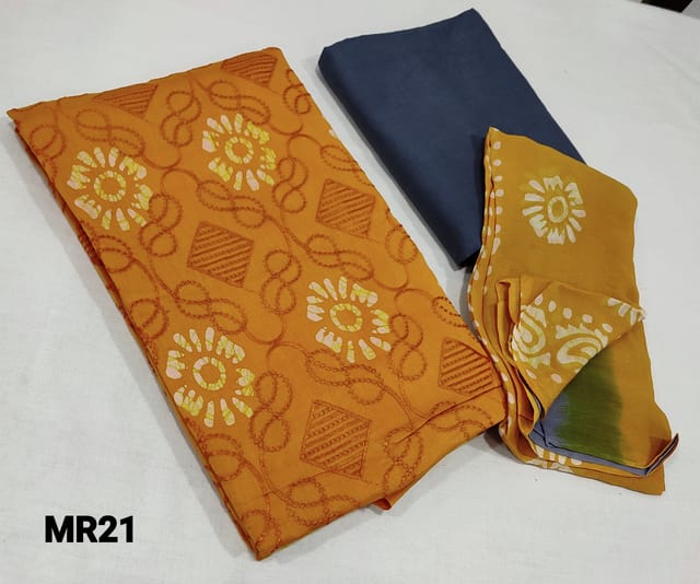 CODE MR21 : Premium Mango Yellow Soft Satin Cotton unstitched Salwar material(lining optional) with original wax batik design and embroidery work on front side, dark grey cotton bottom, Premium Dual Shaded Chiffon dupatta with Batik dyed(Taping needs to be stitched)