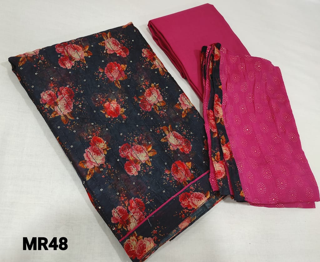 CODE MR48 :Digital Printed Navy Blue Silk Cotton unstitched Salwar material(thin fabric requires lining) with thread and sequence work on front side, printed back, Dark Pink Cotton Bottom, Dark Pink Chiffon Dupatta with embossed foil prints with tapings.