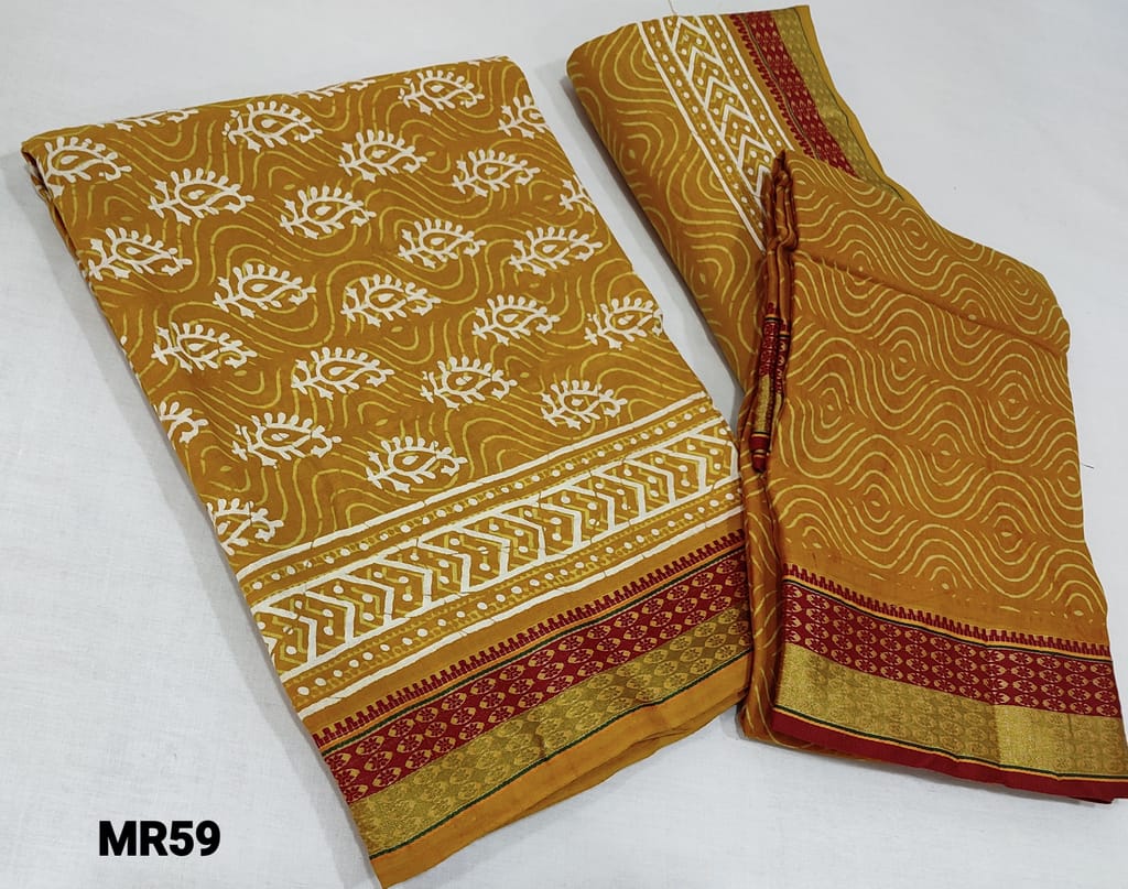 CODE MR59: Premium Fenugreek Yellow Block Printed soft Cotton unstitched salwar material (lining optional) with thread woven borders, soft printed pure cotton bottom with borders, Printed mul cotton dupatta(requires taping)