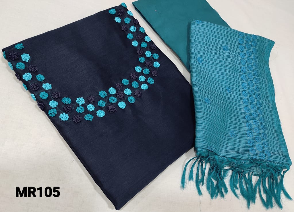 CODE MR105 : Navy Blue fancy Silk Cotton unstitched salwar material(Slightly course fabric, lining required) with french knot work on yoke, light blue silk cotton bottom, fancy kota silk cotton dupatta with embroidery work(requires taping)