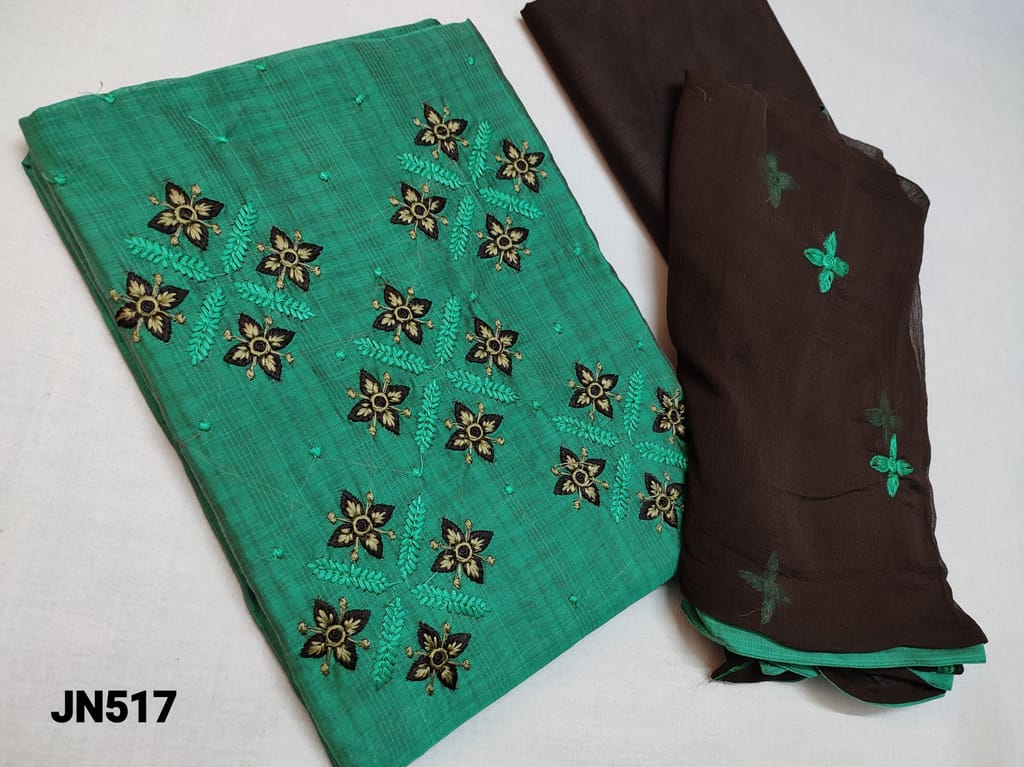CODE JN517 : Green Silk Cotton unstitched Salwar materials(thin fabric requires lining) with thread embroidery work on yoke, Brown cotton bottom, Brown chiffon dupatta with thread embroidery work and taping