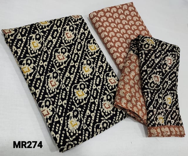 CODE MR274 : Black Batik Printed Satin Cotton unstitched Salwar material(lining optional), block printed brick red cotton bottom, block printed mul cotton dupatta(requires taping)