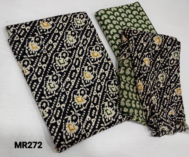 CODE MR272 : Black Batik Printed Satin Cotton unstitched Salwar material(lining optional), block printed green cotton bottom, block printed mul cotton dupatta(requires taping)