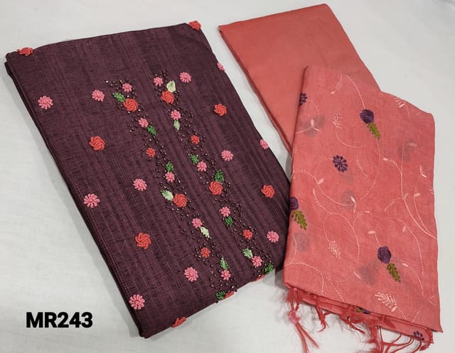 CODE Mr243 : Designer Maroon fancy Silk Cotton Unstitched Salwar material(slightly course fabric, requires lining) with bullion rose embroidery and cut bead work on yoke, paech silk cotton bottom,  embroider work on fancy silk cotton dupatta with tassels
