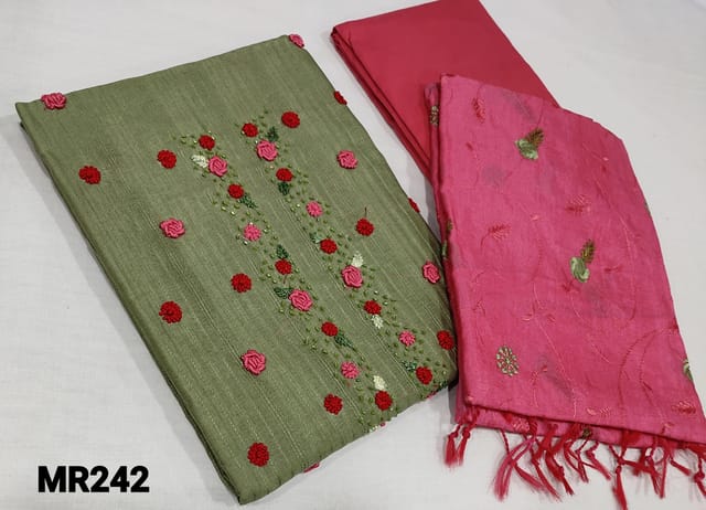CODE Mr242 : Designer Mossy Green franc Silk Cotton Unstitched Salwar material(slightly course fabric, requires lining) with bullion rose embroidery and cut bead work on yoke,  Pink silk cotton bottom,  embroider work on fancy silk cotton dupatta with tassels