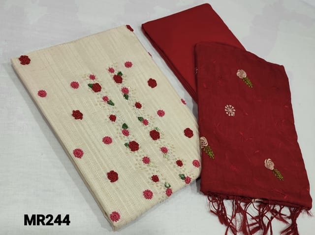 CODE Mr244 : Designer Beige fancy Silk Cotton Unstitched Salwar material(slightly course fabric, requires lining) with bullion rose embroidery and cut bead work on yoke, red silk cotton bottom,  embroider work on fancy silk cotton dupatta with tassels