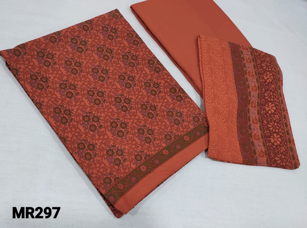 CODE MR297 : Brick Red Block Printed soft Mixed Cotton unstitched Salwar material(requires lining), brick red soft mixed cotton bottom, Block printed chiffon dupatta.