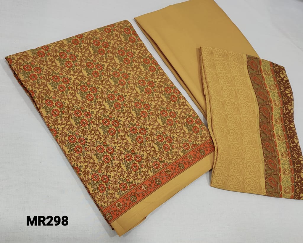 CODE MR298 : Fenugreek Yellow Block Printed soft Mixed Cotton unstitched Salwar material(requires lining), fenugreek yellow soft mixed cotton bottom, Block printed chiffon dupatta.