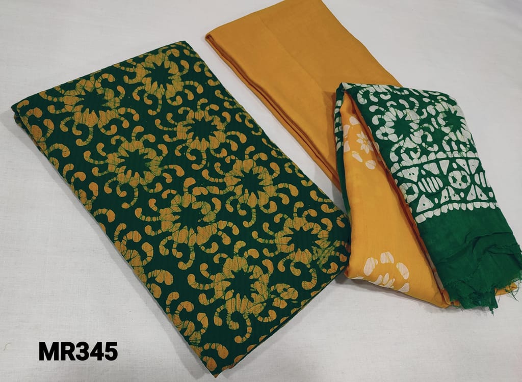 CODE MR345 : Green wax batik soft Jakard Cotton unstitched salwar material(lining optional), yellow soft thin cotton bottom, dual shaded batik dyed mul  cotton dupatta.
