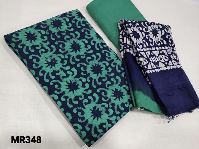 CODE MR348 : Turquoise Green wax batik soft Jakard Cotton unstitched salwar material(lining optional), turquoise green soft thin cotton bottom, dual shaded batik dyed mul  cotton dupatta.
