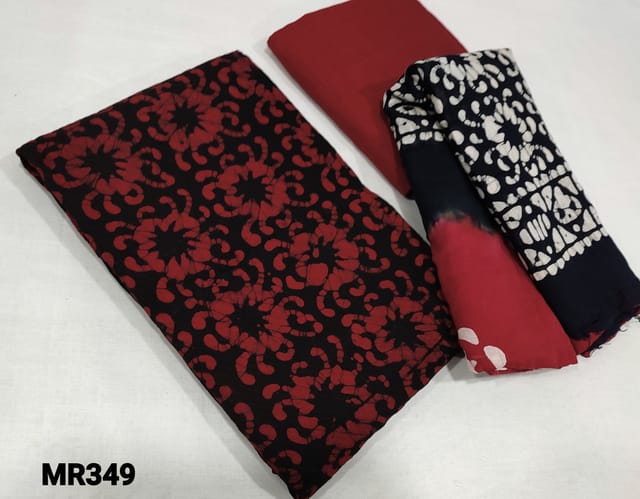 CODE MR349 : Black wax batik soft Jakard Cotton unstitched salwar material(lining optional), red soft thin cotton bottom, dual shaded batik dyed mul  cotton dupatta.