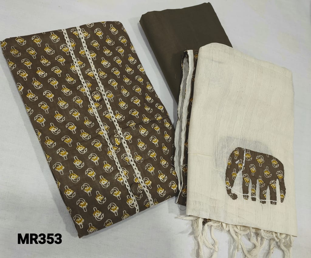 CODE MR353 : Brown printed soft Cotton unstitched salwar material(lining optional) with simple yoke, matching soft cotton bottom, applique work on half white cotton dupatta with tassels.
