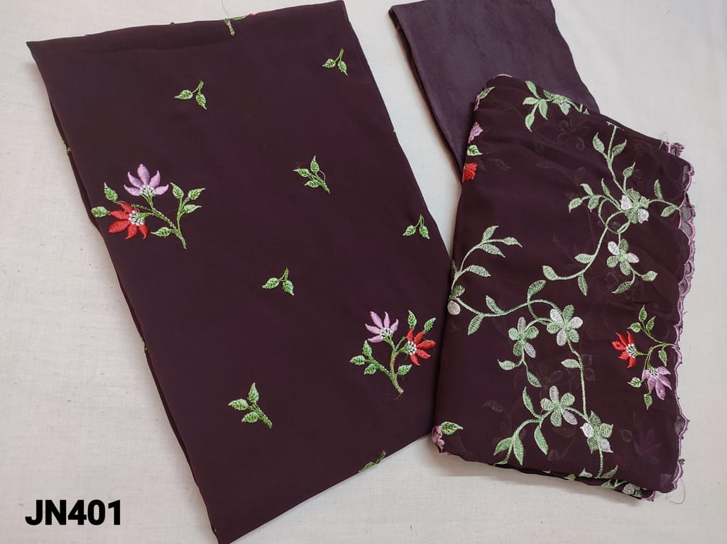 CODE JN401 : Designer Dark Beetrooot Purple Georgette Unstitched Salwar material(Thin flowy fabric requires lining) with Beautiful Embroidery work on front side, plain back, silk cotton or santoon bottom, Heavy Thread embroidery work on Georgette dupatta with cut work tapings