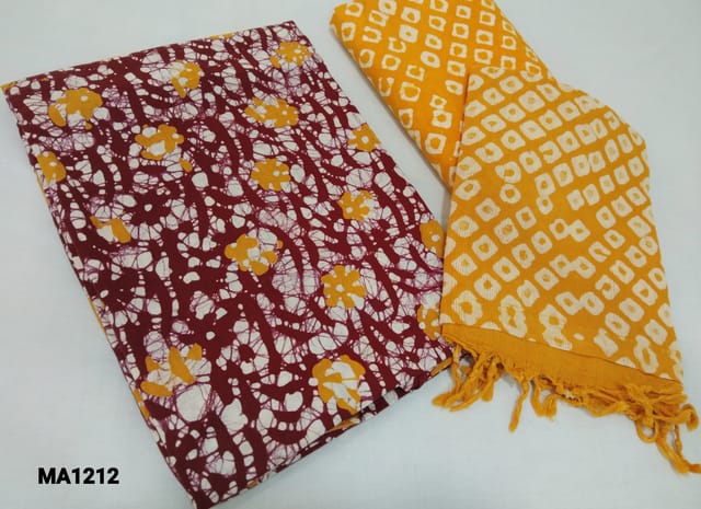 CODE MA1212 : Maroon Cotton unstitched Salwar material( lining optional) with Wax batik dyed design, yellow wax batik design cotton bottom, batik dyed mul cotton dupatta with tassels