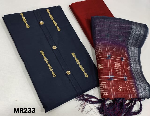 CODE MR233 : Designer Navy Blue Silk Cotton unstitched Salwar materials(lining required) with zari thread embroidery work on front side, fancy buttons on yoke,  maroon silk cotton bottom, fancy linen silk cotton dupatta with thread and sequence work allover, zari woven borders and fancy tassels