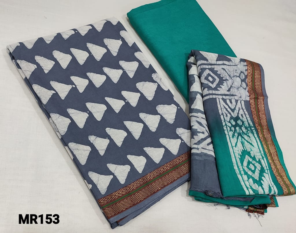 CODE MR153 :Grey Soft Cotton unstitched salwar material with batik dyed(lining optional)thread woven daman, turquoise green cotton bottom, batik dyed mul cotton dupatta (tapings required)