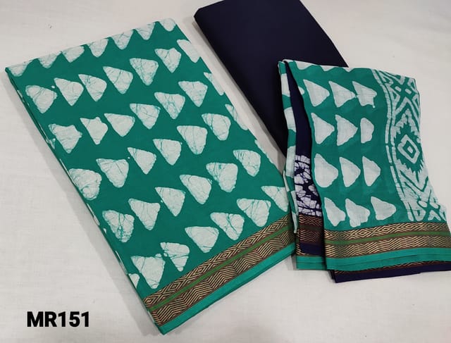 CODE MR151 :Turquoise green Soft Cotton unstitched salwar material with batik dyed(lining optional)thread woven daman, navy blue cotton bottom, batik dyed mul cotton dupatta (tapings required)