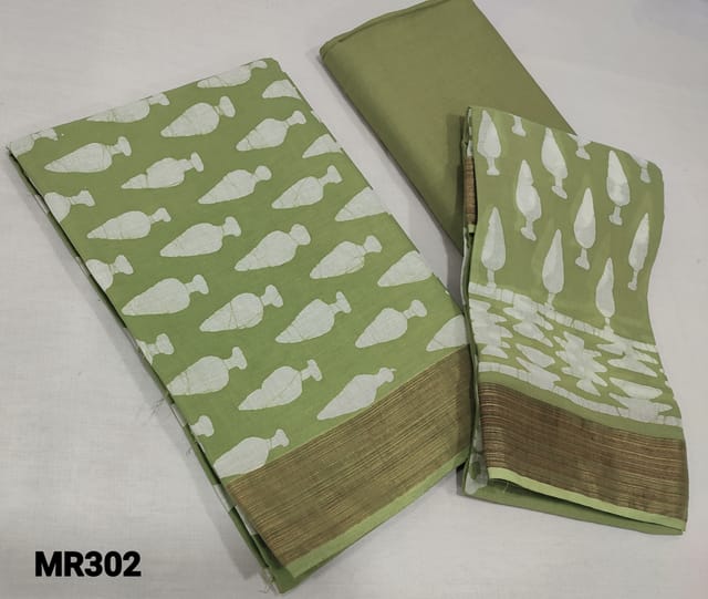 CODE MR302 : Mossy Green Batik Dyed Pure Cotton unstitched salwar material(lining required)with zari borders in daman, mossy green cotton bottom, soft batik dyed  mul cotton dupatta with zari borders(requires taping)