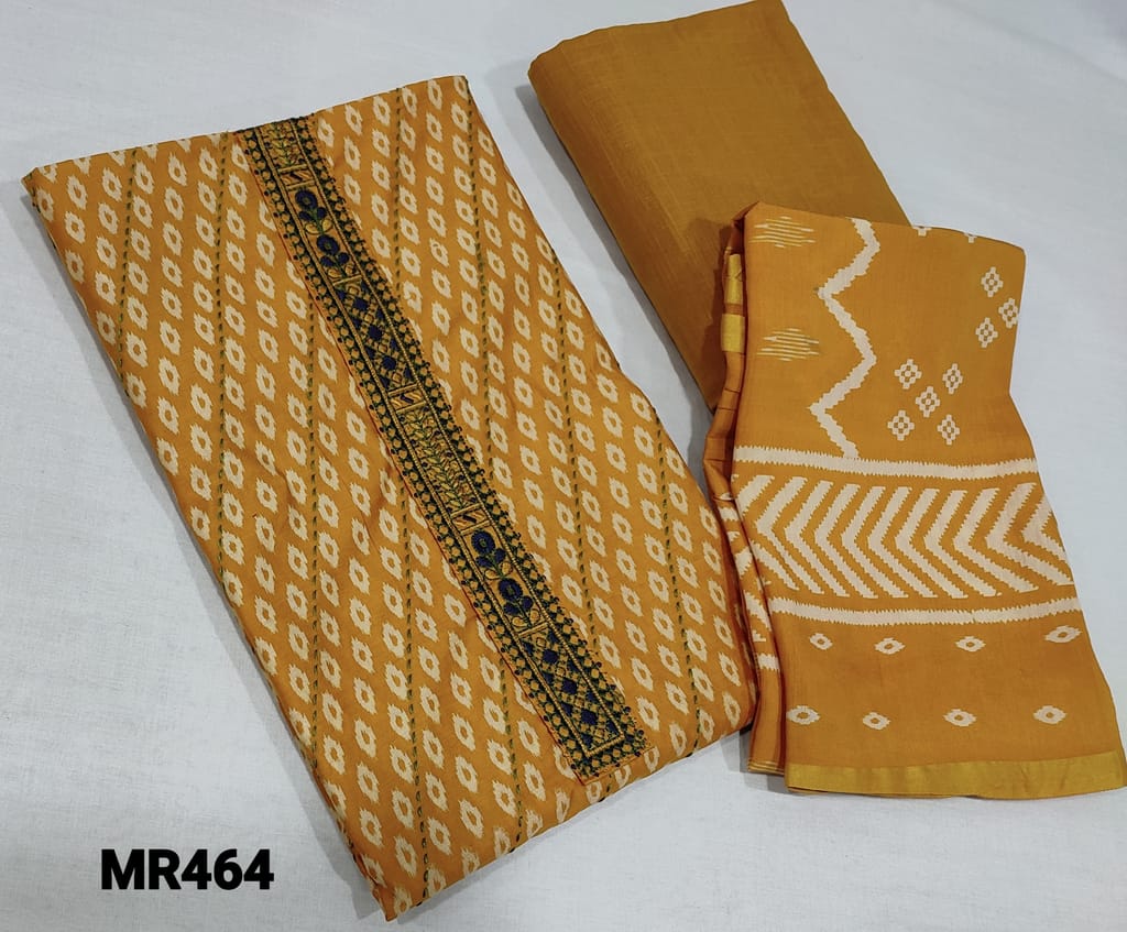 CODE MR464 : Printed fenugreek Yellow Silk Cotton Unstitched salwar material (lining optional) with kantha stitch work on front side, embroidery work on yoke, fenugreek yellow slub cotton bottom, Printed soft silk cotton dupatta with zari borders and tapings