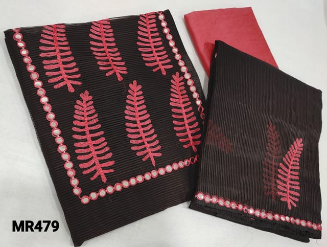 CODE MR479 : Brown Fancy Super Net Silk Cotton Unstitched salwar material (netted fabric, lining requires) with embroidery and foil work on yoke, Pink silk cotton bottom, embroidery and foil work on super net silk cotton dupatta.
