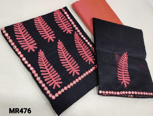 CODE MR476 : navy Blue Fancy Super Net Silk Cotton Unstitched salwar material (netted fabric, lining requires) with embroidery and foil work on yoke, Pink silk cotton bottom, embroidery and foil work on super net silk cotton dupatta.