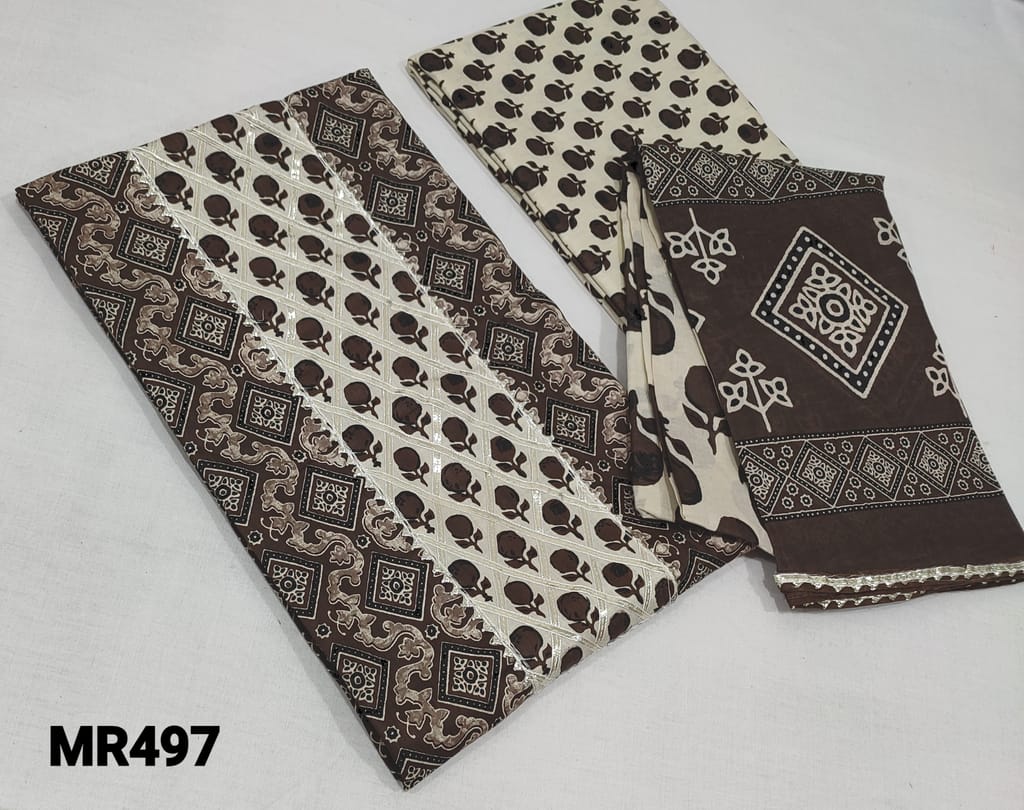CODE MR497 : Printed Brown Soft Cotton Unstitched salwar material (lining optional) with gota lace and patch work on yoke, printed soft cotton bottom, printed soft mul cotton dupatta with gota lace tapings.