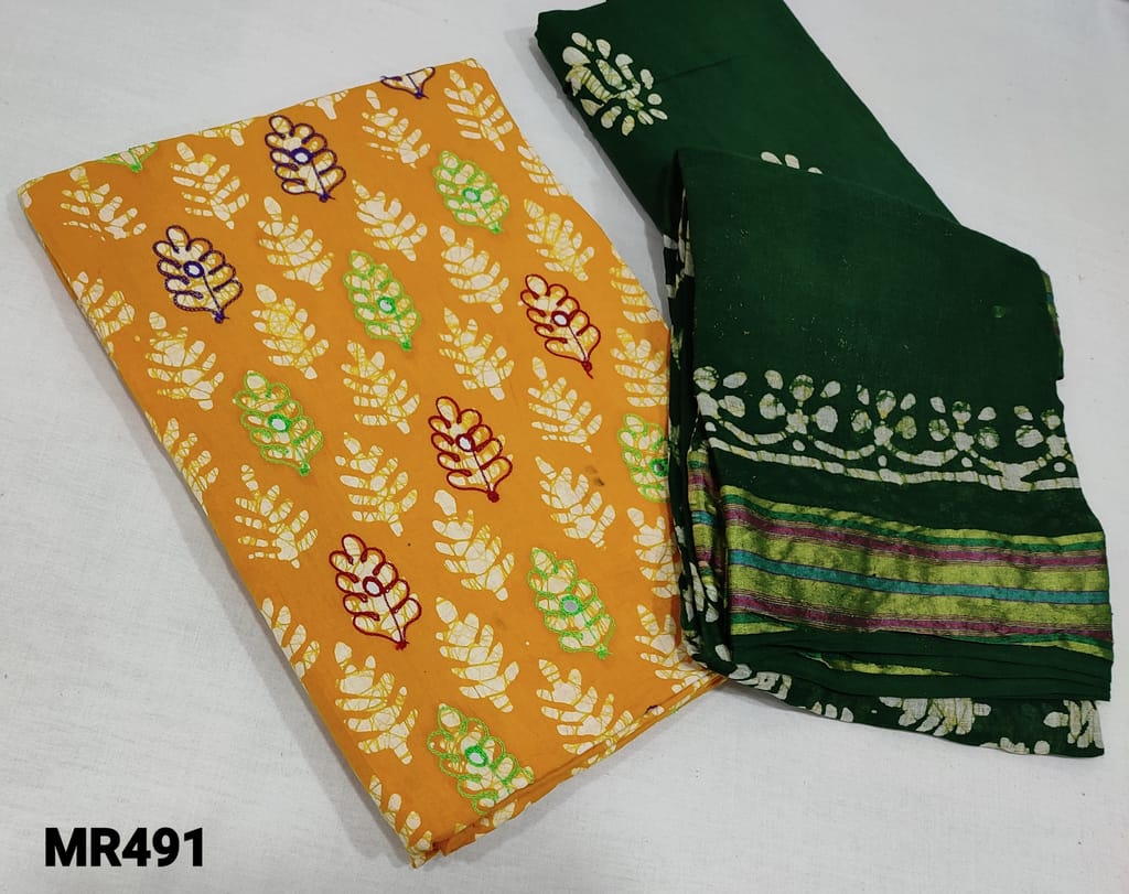 CODE MR491 : Yellow Batik Dyed Pure drum dyed Cotton unstitched salwar material(lining required) with thread and foil work on front side, green drum dyed cotton bottom with batik dyed, soft drum dyed cotton dupatta with batik dyed, resham borders(requires taping)