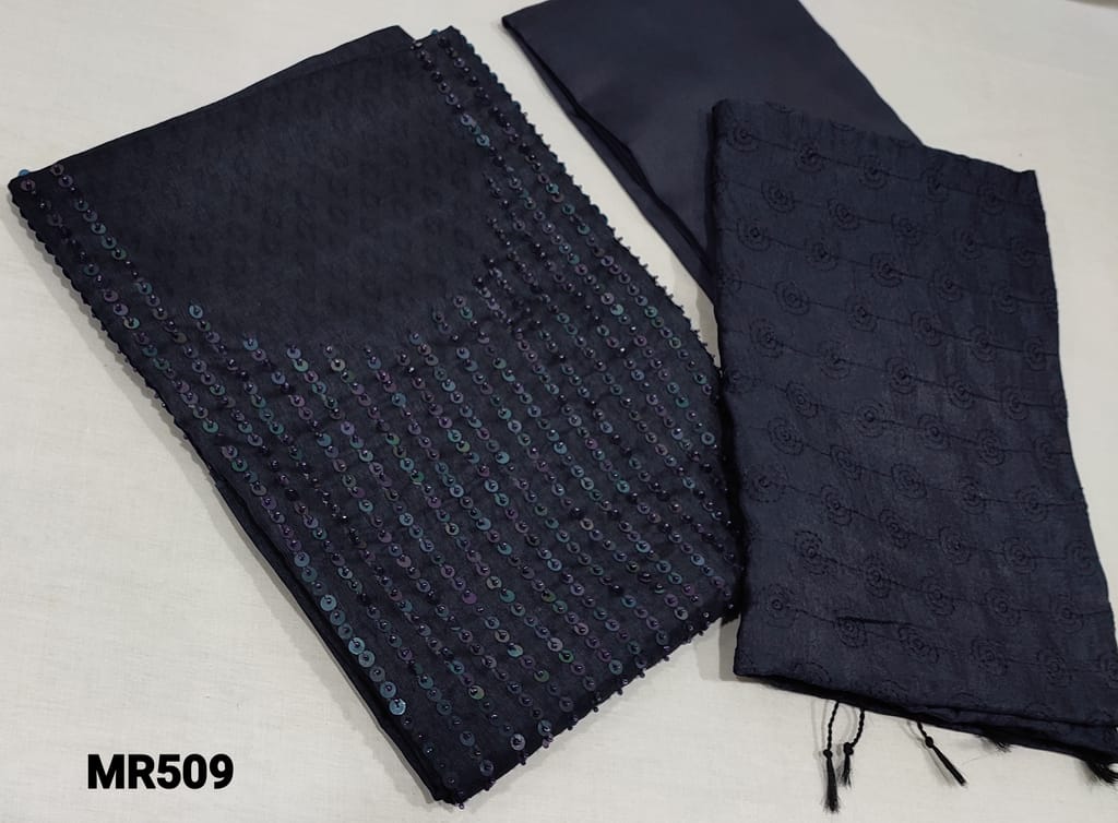 CODE Mr509 : Designer Navy Blue Jakad Silk cotton unstitched Salwar material(requires lining) with thread, sequence and sugar bead work on yoke,  Navy Blue Silk Cotton Bottom, fancy Silk Cotton Dupatta with embroidery work allover and tassels.