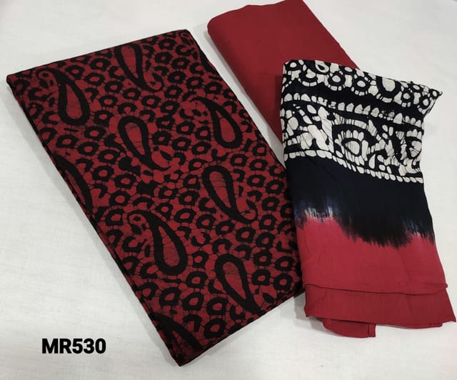 CODE MR530 :Black base wax batik soft Jakard Cotton unstitched salwar material(lining optional), red soft thin cotton bottom, dual shaded batik dyed mul cotton dupatta.