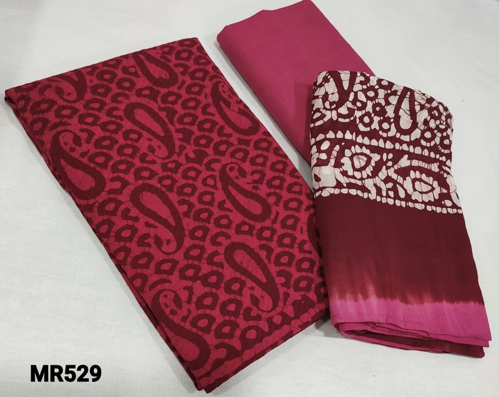CODE MR529 : Dark Pink wax batik soft Jakard Cotton unstitched salwar material(lining optional), pink soft thin cotton bottom, dual shaded batik dyed mul cotton dupatta.