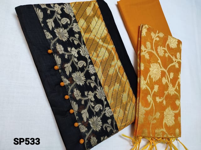 CODE SP533 : Black Slub Cotton unstitched salwar material with Yoke patch work, Daman patch, Orange Cotton bottom, Orange Benarasi weaving Silk cotton dupatta with tassels(Benaras weaving design might vary)
