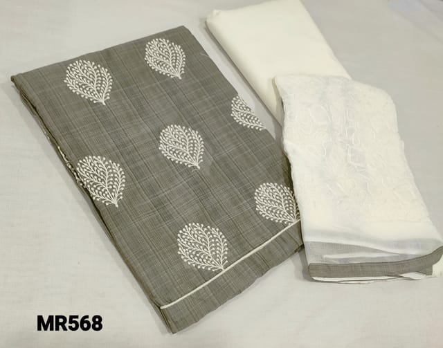 CODE MR568 : Grey Slub Silk Cotton Unstitched Salwar material(lining required) with embroidery work on front side,  half white cotton bottom, embroidery work on chiffon dupatta with tapings,