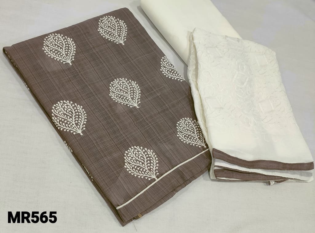 CODE MR565 : Brown Slub Silk Cotton Unstitched Salwar material(lining required) with embroidery work on front side, half white cotton bottom, embroidery work on chiffon dupatta with tapings,