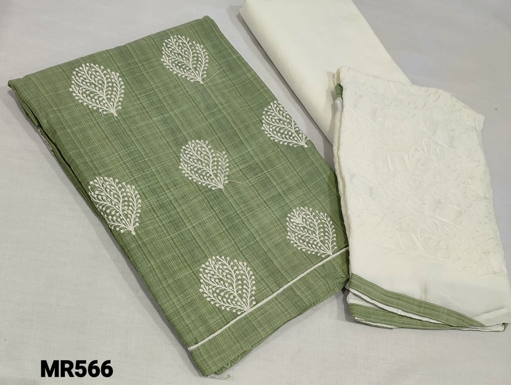 CODE MR566 : Light Green Slub Silk Cotton Unstitched Salwar material(lining required) with embroidery work on front side, half white cotton bottom, embroidery work on chiffon dupatta with tapings,