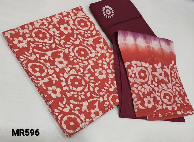 CODE MR596 : Printed Light Orange  Cotton unstitched Salwar material(lining required) with wax batik design, maroon cotton bottom with batik design, Dual shaded mul cotton dupatta with batik design