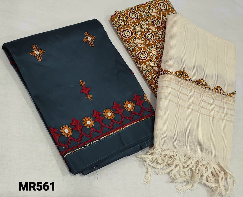 CODE MR561 : Premium Blue Satin Cotton unstitched Salwar material(lining optional) with embroidery and foil work on front side, printed premium soft thin cotton bottom, applique work on silk cotton dupatta with tassels