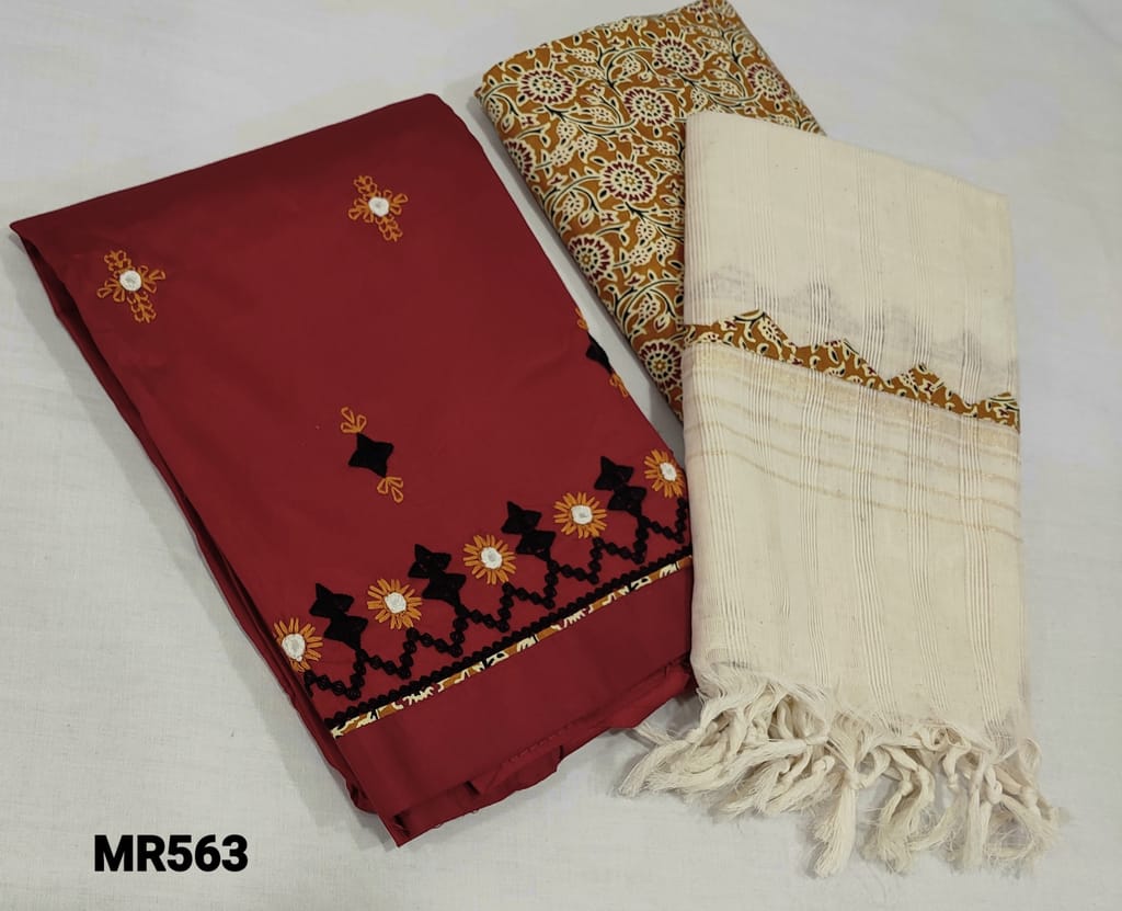 CODE MR563 : Premium Brick Red Satin Cotton unstitched Salwar material(lining optional) with embroidery and foil work on front side, printed premium soft thin cotton bottom, applique work on silk cotton dupatta with tassels