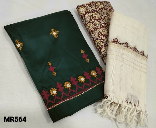 CODE MR564 : Premium Green Satin Cotton unstitched Salwar material(lining optional) with embroidery and foil work on front side, printed premium soft thin cotton bottom, applique work on silk cotton dupatta with tassels