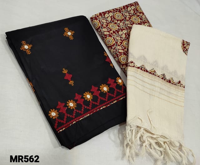 CODE MR562 : Premium Black Satin Cotton unstitched Salwar material(lining optional) with embroidery and foil work on front side, printed premium soft thin cotton bottom, applique work on silk cotton dupatta with tassels