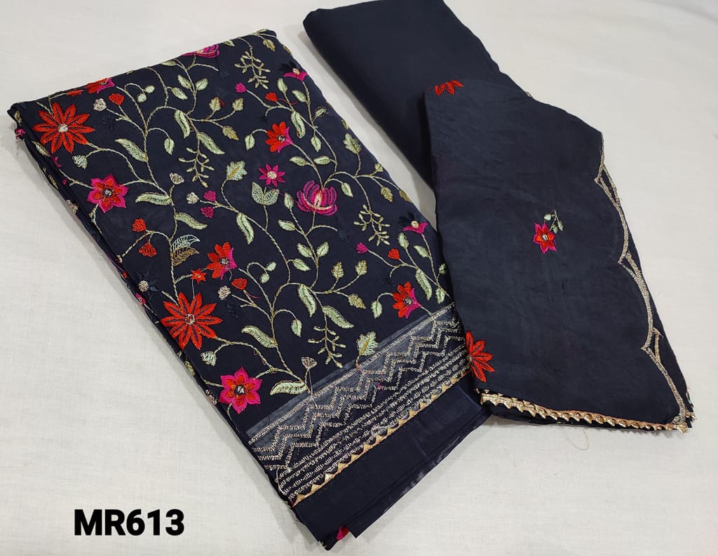 CODEMR613 : Dark Navy Blue Silk Cotton unstitched Salwar material(thin fabric requires lining) with Heavy Jal embroidery work on front side, Cotton fabric is provided can be used as lining or bottom, Soft Silk cotton dupatta with heavy embroidery work and cut tapings