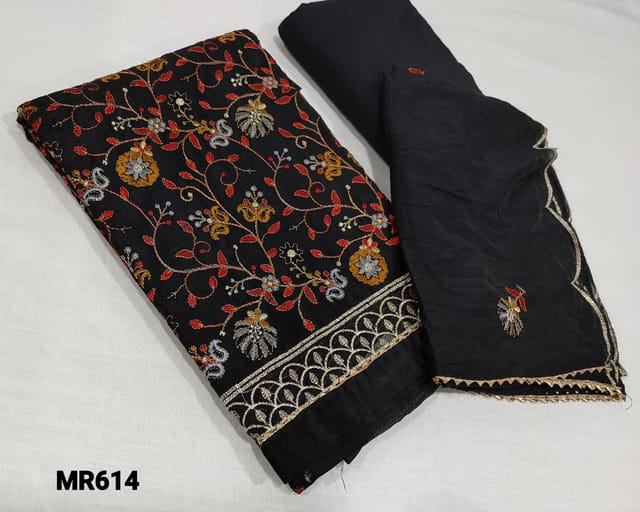 CODE MR614 : Black Silk Cotton unstitched Salwar material(thin fabric requires lining) with Heavy Jal embroidery work on front side, Cotton fabric is provided can be used as lining or bottom, Soft Silk cotton dupatta with heavy embroidery work and cut tapings
